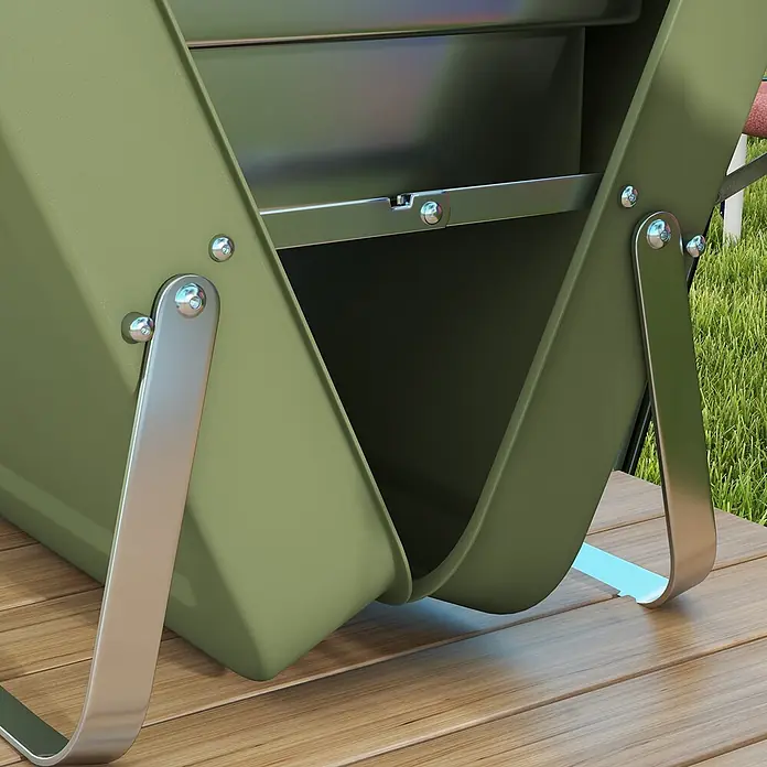 Outsunny Holzkohlegrill - Durchmesser Grillfläche: 32 cm, Grün - Faltbarer olivgrüner Komposter mit Metalldetails auf Holzterrasse.