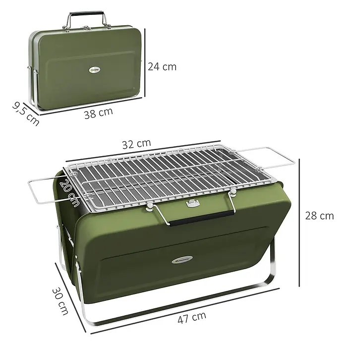 Outsunny Holzkohlegrill - Durchmesser Grillfläche: 32 cm, Grün - Olivgrüner tragbarer BBQ-Grill aus Metall, geschlossen (38x24x9,5 cm) und zum Grillen geöffnet (47x30x28 cm) mit 32x20 cm Rost.