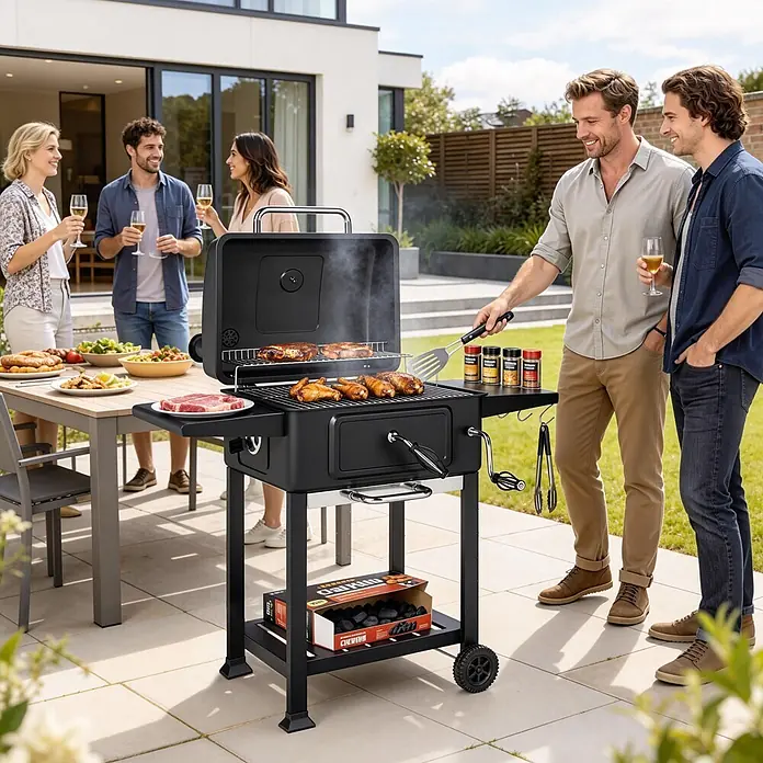Outsunny Holzkohlegrill - Schwarz - Schwarzer Holzkohlegrill, auf dem Hähnchen und Steaks zubereitet werden, im Freien von Personen benutzt. Kohle sichtbar.