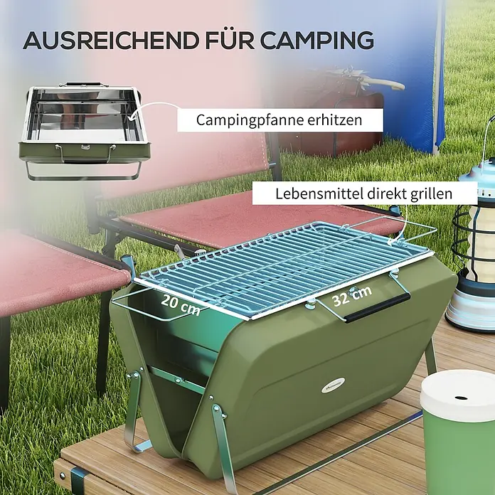 Outsunny Holzkohlegrill - Durchmesser Grillfläche: 32 cm, Grün - Olivgrüner tragbarer Campinggrill in Grasumgebung, zum Erhitzen von Pfannen und direktem Grillen (20x32cm).