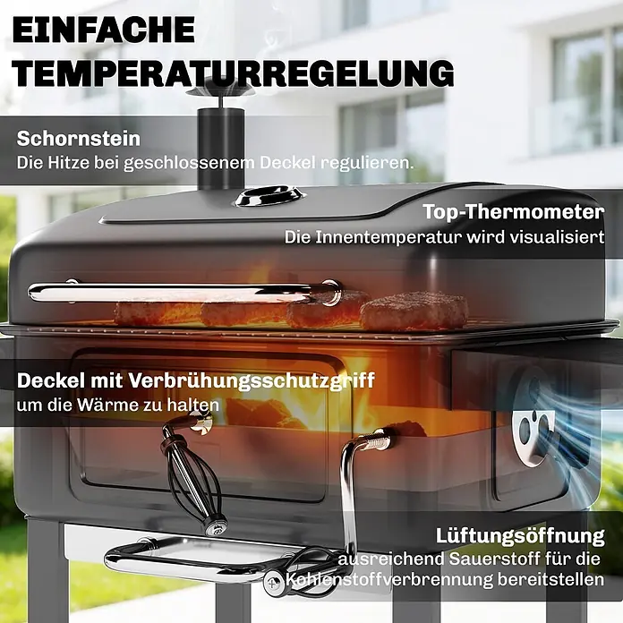 Outsunny Holzkohlegrill - Schwarz - Dunkelgrauer Grill mit transparentem Deckel, Thermometer, Schornstein, Lüftungsöffnung und Verbrühungsschutzgriff. Speisen sind darin sichtbar.