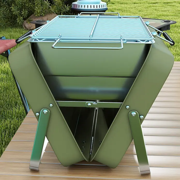 Outsunny Holzkohlegrill - Durchmesser Grillfläche: 32 cm, Grün - Olivgrüner faltbarer tragbarer Grill mit silbernen Rosten und Beinen, draußen auf Holzdeck aufgestellt.