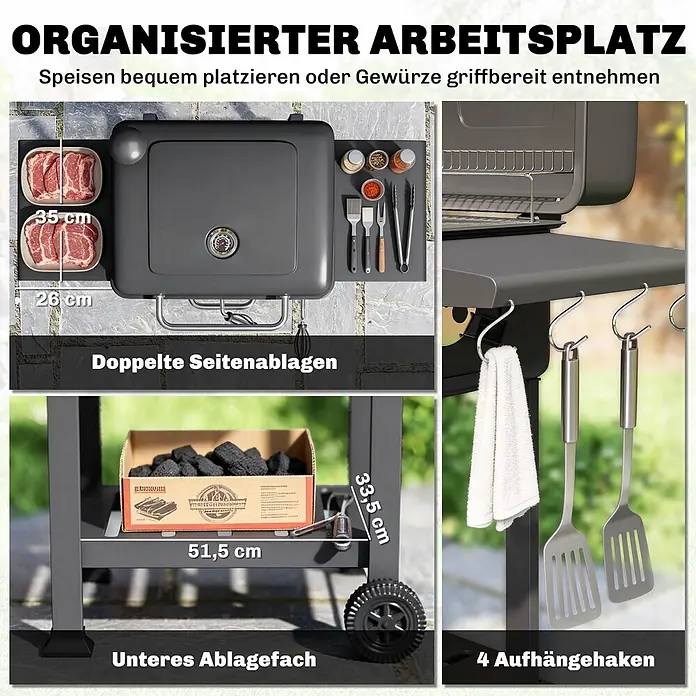 Outsunny Holzkohlegrill - Schwarz - Dunkelgrauer Holzkohlegrill mit doppelten Seitenablagen für Speisen/Utensilien, unterem Ablagefach (51,5x33,5 cm) und 4 Haken.