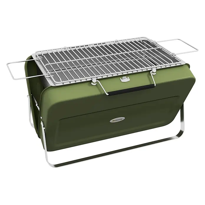 Outsunny Holzkohlegrill - Durchmesser Grillfläche: 32 cm, Grün - Tragbarer olivgrüner Metall-BBQ-Grill mit klappbaren Chrombeinen und einem silbernen Grillrost, ausgestattet mit einem schwarzen Griff.