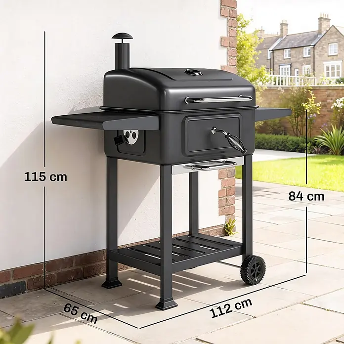 Outsunny Holzkohlegrill - Schwarz - Schwarzer Metall-Holzkohlegrill mit Deckel, Seitenablagen und Rädern, 115x112x65 cm.