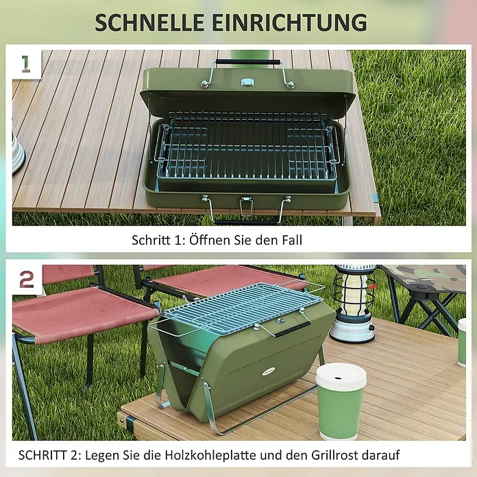 Outsunny Holzkohlegrill - Durchmesser Grillfläche: 32 cm, Grün - Tragbarer olivgrüner Grill in zwei Aufbauschritten: zuerst offen mit Kohleschale, dann komplett montiert mit Grillrost.