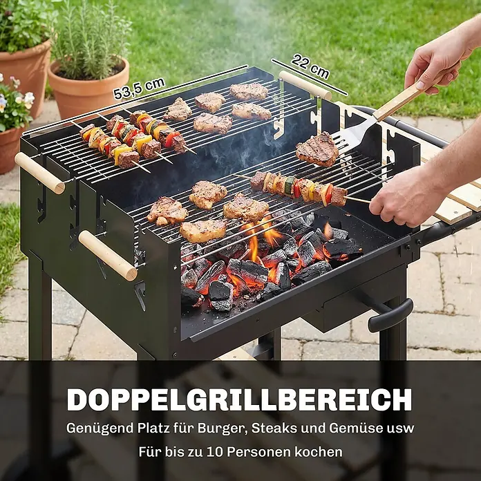 Outsunny Holzkohlegrill - Schwarz - Schwarzer Doppel-Holzkohlegrill mit zwei Grillzonen, auf dem Speisen zubereitet werden. Ideal für größere Gruppen.