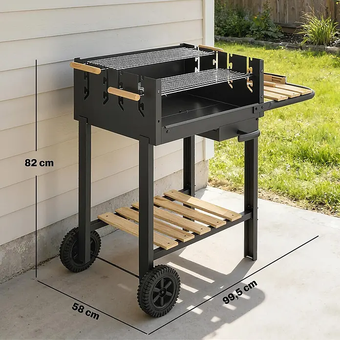 Outsunny Holzkohlegrill - Schwarz - Schwarzer Metallgrill mit Holzgriffen und unterem Regal, Maße 82 cm H, 58 cm T, 99,5 cm B.