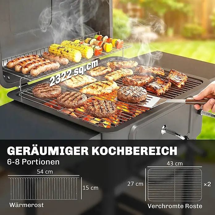 Outsunny Holzkohlegrill - Schwarz - Ein Grill, auf dem verschiedene Speisen wie Burger, Hähnchen und Mais zubereitet werden, mit einer geräumigen 2322 cm² Kochfläche für 6-8 Portionen.