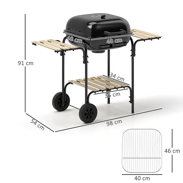 Outsunny Holzkohlegrill - Durchmesser Grillfläche: 46 cm, Schwarz - Schwarzer Holzkohlegrill auf einem Rollgestell mit Holz-Seitenablagen und unterem Regal.