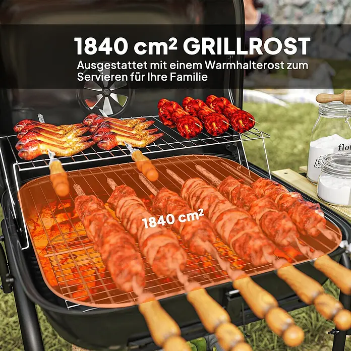 Outsunny Holzkohlegrill - Durchmesser Grillfläche: 46 cm, Schwarz - Grill mit 1840 cm² Grillrost und Warmhalterost zum Servieren für die Familie.