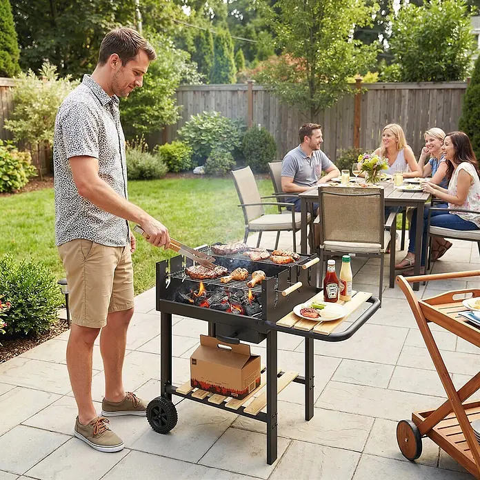 Outsunny Holzkohlegrill - Schwarz - Ein schwarzer Holzkohlegrill mit Seitenablagen und Rädern, von einem Mann im Freien für Freunde genutzt.