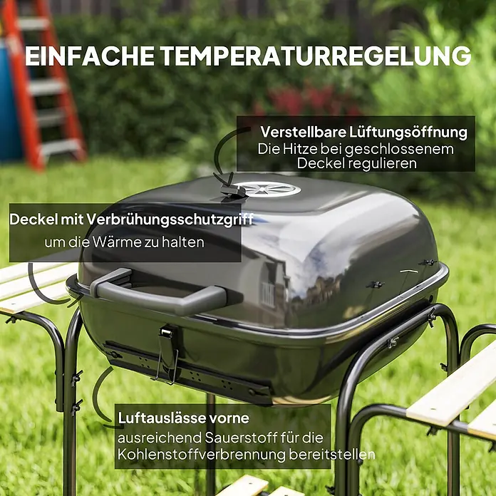 Outsunny Holzkohlegrill - Durchmesser Grillfläche: 46 cm, Schwarz - Dunkelgrauer Holzkohlegrill mit Deckel, Holzseitenablagen und Funktionen zur präzisen Temperaturregelung.