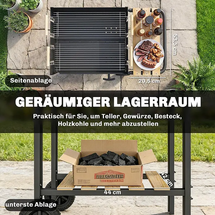 Outsunny Holzkohlegrill - Schwarz - Schwarzer Grill mit Holz-Seitenablage (20,5x53,5 cm) für Essen/Saucen und unterer Holzablage (44x42 cm) für Kohle.