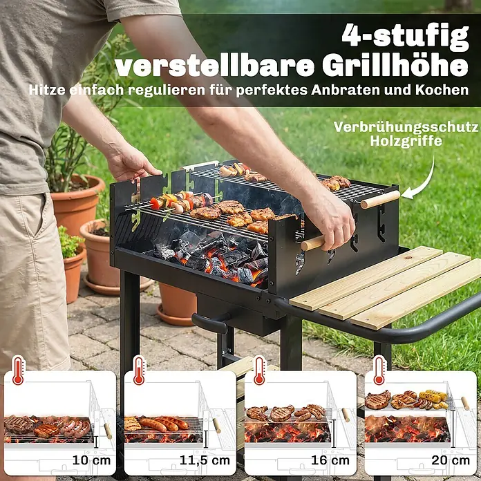 Outsunny Holzkohlegrill - Schwarz - Person grillt auf schwarzem Holzkohlegrill mit 4-stufig verstellbarer Höhe und Holzgriffen. Speisen braten über glühenden Kohlen.
