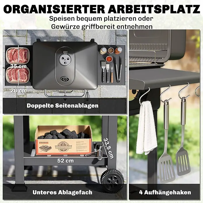 Outsunny Holzkohlegrill - Durchmesser Grillfläche: 43 cm, Schwarz - Dunkelgrauer Grill mit doppelten Seitenablagen für Speisen und Gewürze, unterem Fach für Kohle und 4 Haken für Grillbesteck.
