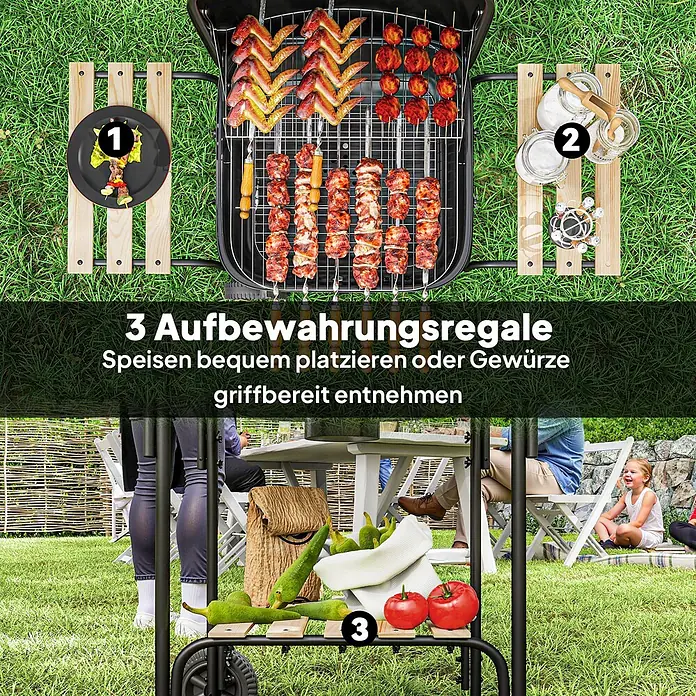 Outsunny Holzkohlegrill - Durchmesser Grillfläche: 46 cm, Schwarz - Schwarzer Grill mit drei Holzregalen, ideal zum Grillen und zur bequemen Aufbewahrung von Speisen und Gewürzen.