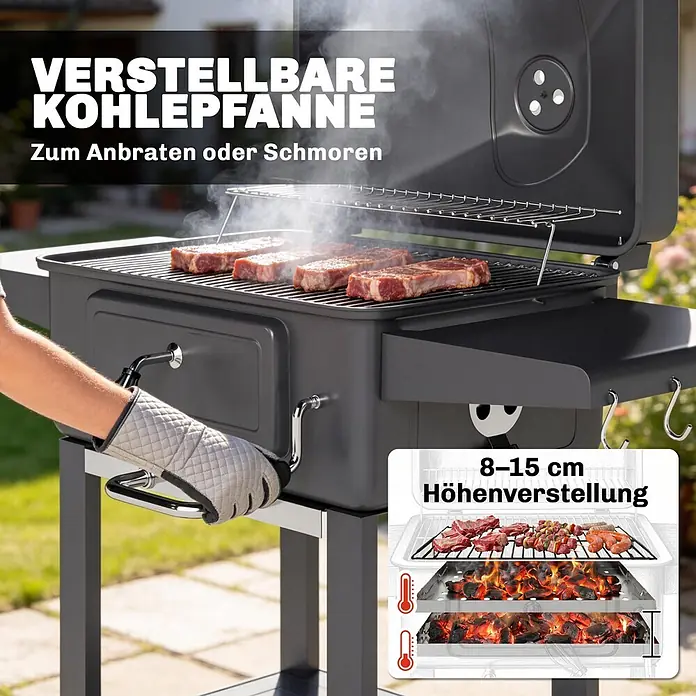 Outsunny Holzkohlegrill - Durchmesser Grillfläche: 43 cm, Schwarz - Dunkelgrauer Holzkohlegrill mit verstellbarer Kohlepfanne, die von einer Hand bedient wird, Steaks braten, und ein Einsatz zeigt die 8-15 cm Höhenanpassung.