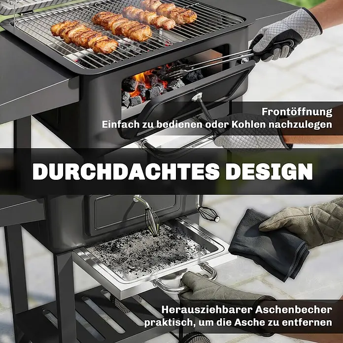 Outsunny Holzkohlegrill - Durchmesser Grillfläche: 43 cm, Schwarz - Dunkelgrauer Holzkohlegrill mit Grillgut, zeigt Frontöffnung zum Nachfüllen von Kohle und ausziehbarem Aschebehälter für leichte Reinigung.