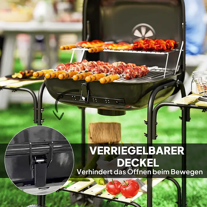 Outsunny Holzkohlegrill - Durchmesser Grillfläche: 46 cm, Schwarz - Schwarzer tragbarer Grill mit Fleischspießen, ausgestattet mit einem verriegelbaren Deckel für sicheren Transport.