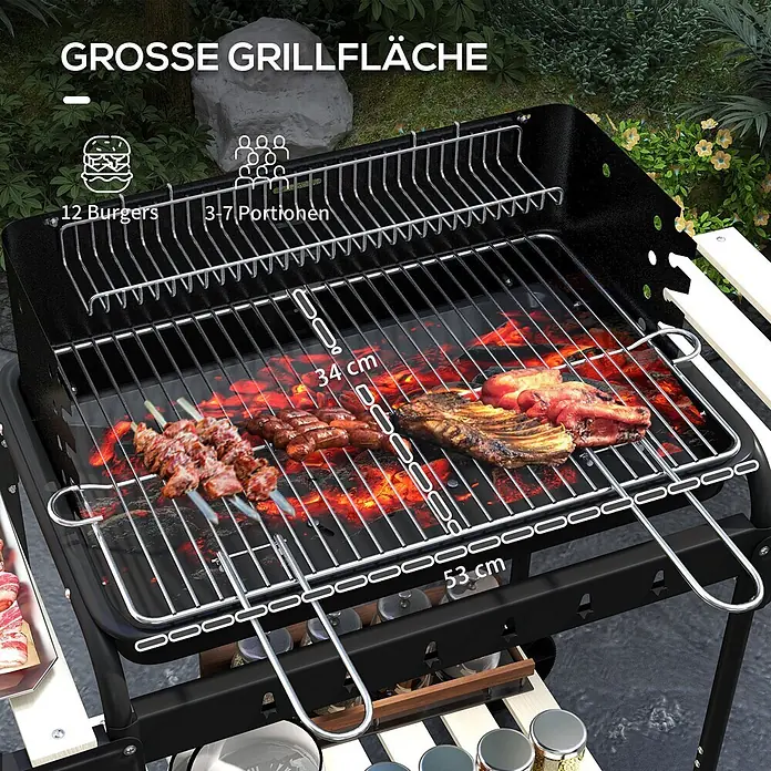 Outsunny Holzkohlegrill - Durchmesser Grillfläche: 58 cm, Schwarz - Schwarzer Outdoor-Grill mit Speisen auf dem Rost, der seine große Grillfläche und Kapazität für 12 Burger oder 3-7 Portionen hervorhebt.