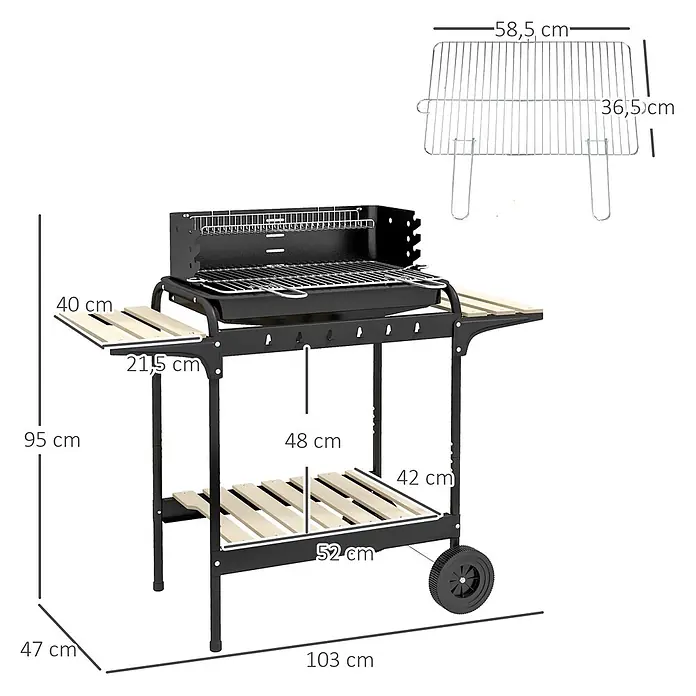 Outsunny Holzkohlegrill - Durchmesser Grillfläche: 58 cm, Schwarz - Schwarzer Holzkohle-BBQ-Grill mit Holz-Seitenablagen und Ablagefach, Maße angezeigt. Inklusive abnehmbarem Rost.