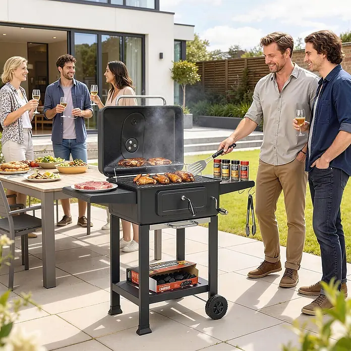 Outsunny Holzkohlegrill - Durchmesser Grillfläche: 43 cm, Schwarz - Ein schwarzer Holzkohlegrill kocht Hähnchen und Steaks, umgeben von Menschen bei einem Garten-Barbecue.