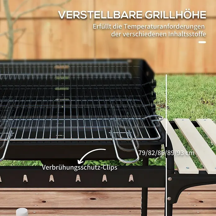 Outsunny Holzkohlegrill - Durchmesser Grillfläche: 58 cm, Schwarz - Verstellbarer schwarzer Grill mit Rosthöhen von 79-93 cm und Verbrühungsschutz-Clips, im Freien.