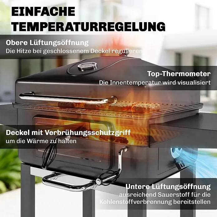 Outsunny Holzkohlegrill - Durchmesser Grillfläche: 43 cm, Schwarz - Ein schwarzer Grill mit Thermometer und einstellbarer Belüftung zur präzisen Temperaturkontrolle beim Grillen.