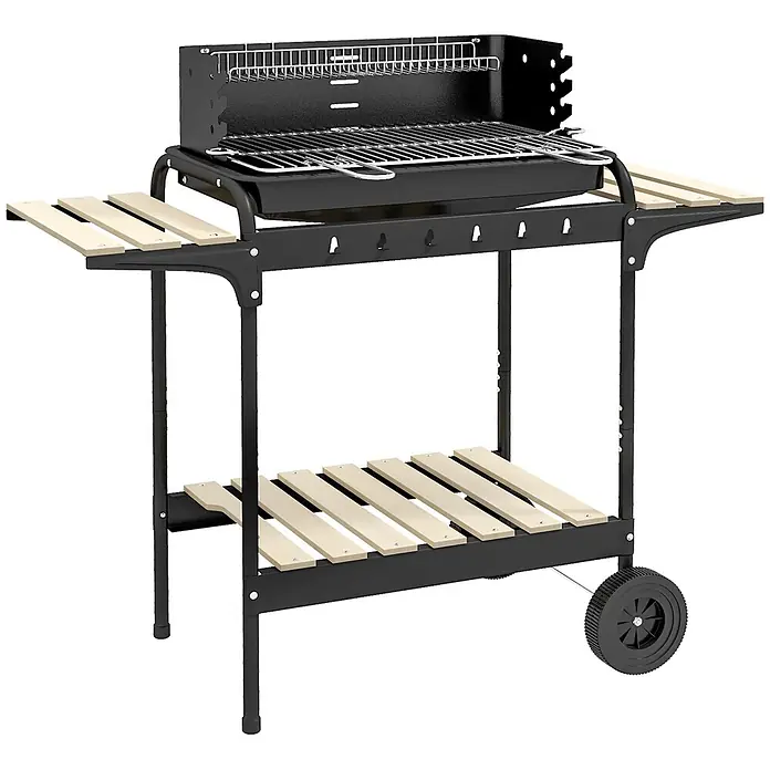 Outsunny Holzkohlegrill - Durchmesser Grillfläche: 58 cm, Schwarz - Schwarzer Metall-Holzkohlegrill mit Holztischen, Ablage, Grillrosten, Gerätehaken und Rädern für den Transport.