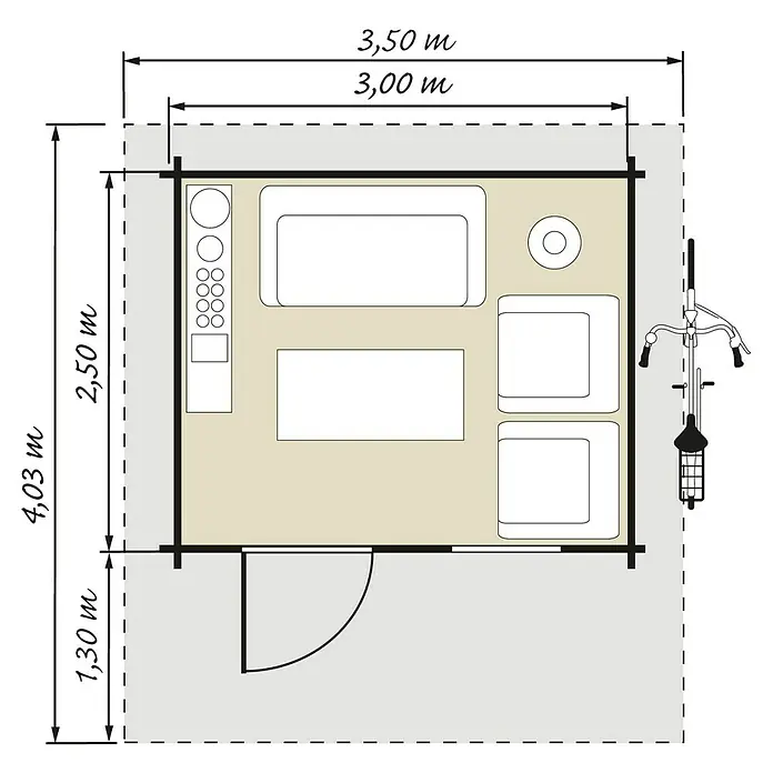 Kiehnholz Gartenhaus Stockholm 3 - Außenmaß inkl. Dachüberstand (B x T): 340 x 393 cm, Holz, Natur - Draufsicht eines Tiny House Grundrisses mit Möbeln und Fahrrädern.