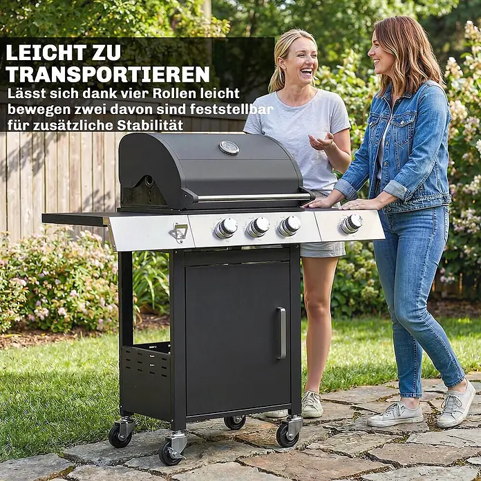 Outsunny Gasgrill - Anzahl Brenner: 3 Stk. - Schwarzer Gasgrill mit vier Rädern, davon zwei feststellbar, für leichten Transport und Stabilität.