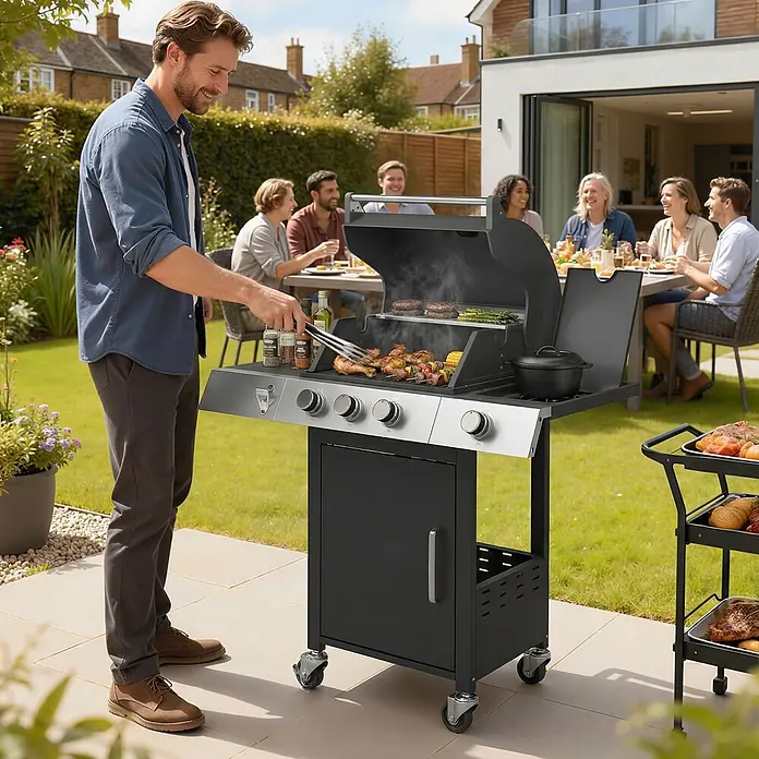 Outsunny Gasgrill - Anzahl Brenner: 3 Stk. - Schwarz-silberner Gasgrill mit kochendem Essen, von einem Mann bei einer Gartenparty genutzt.