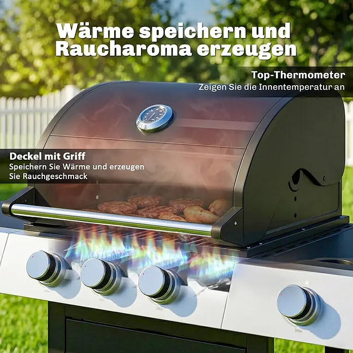 Outsunny Gasgrill - Anzahl Brenner: 3 Stk. - Schwarzer und silberner Gasgrill mit durchsichtigem Deckel, Grillgut darin, mit integriertem Thermometer und Bedienknöpfen.