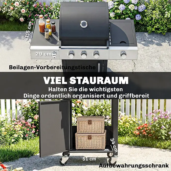 Outsunny Gasgrill - Anzahl Brenner: 3 Stk. - Dunkelgrauer Grill mit seitlichen Beistelltischen und integriertem Aufbewahrungsschrank im Freien. Abmessungen sind angegeben.