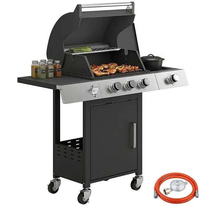 Outsunny Gasgrill - Anzahl Brenner: 3 Stk. - Schwarz-silberner Gasgrill mit Grillgut, Gewürzen, Topf und Gasschlauch-Set, auf Rollen.