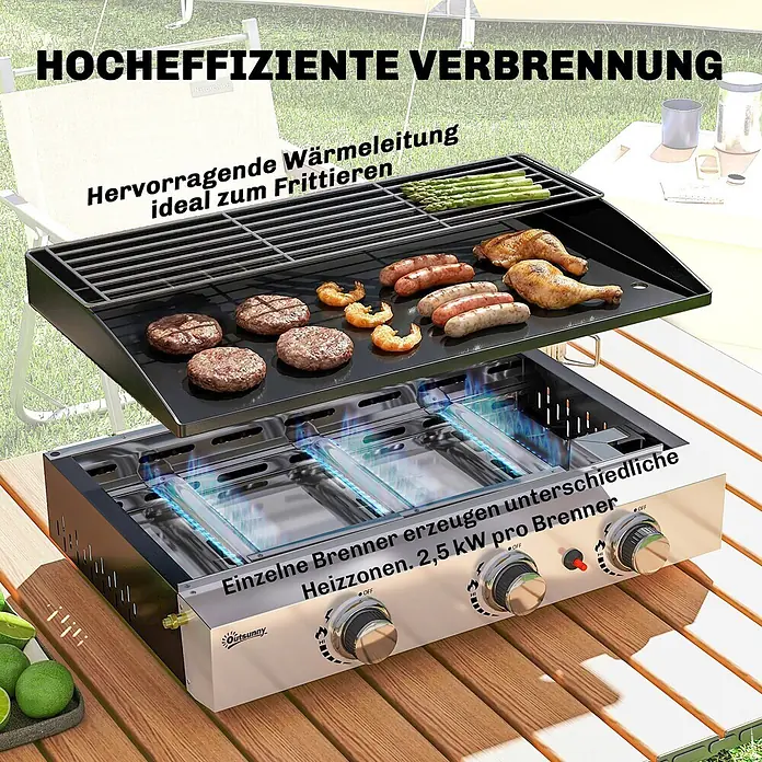 Outsunny Gasgrill - Anzahl Brenner: 3 Stk. - Ein tragbarer Gasgrill mit drei Brennern und einer Grillplatte/Rost, der Burger, Würstchen, Hähnchen, Garnelen und Spargel im Freien zubereitet.