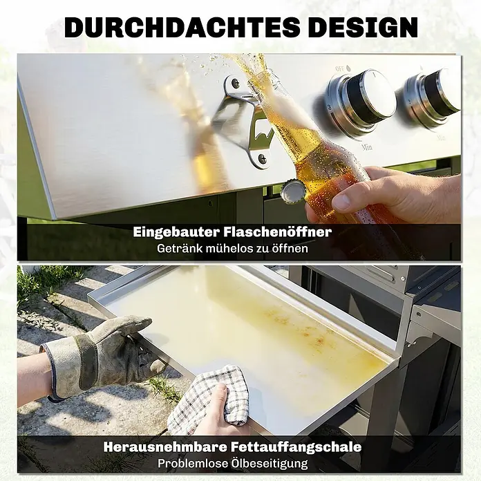 Outsunny Gasgrill - Anzahl Brenner: 3 Stk. - Edelstahlgrill mit integriertem Flaschenöffner und herausnehmbarer Fettauffangschale zur einfachen Reinigung.