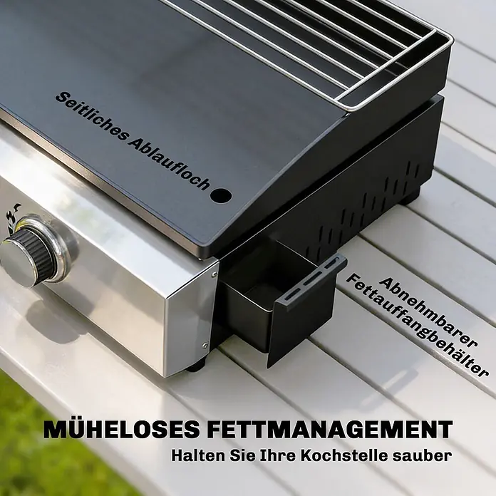 Outsunny Gasgrill - Anzahl Brenner: 3 Stk. - Schwarze Grillplatte mit Edelstahl-Bedienfeld, seitlichem Ablaufloch und abnehmbarer Fettauffangschale.