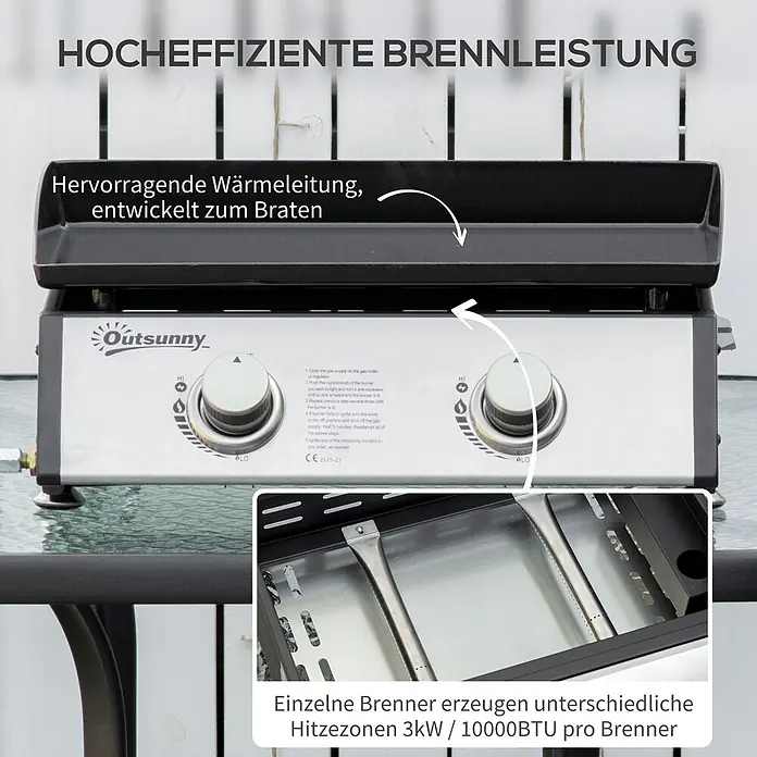 Outsunny Gasgrill - Anzahl Brenner: 2 Stk. - Schwarz-silberne Gasgrillplatte mit zwei Brennern, hoher Wärmeleitung und 3kW Leistung pro Brenner, ideal zum Braten.