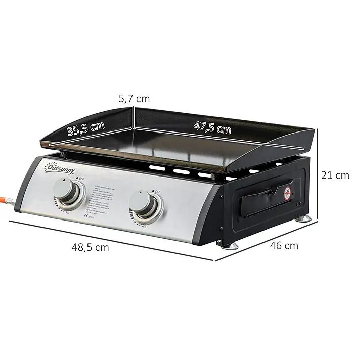 Outsunny Gasgrill - Anzahl Brenner: 2 Stk. - Schwarz-silberne Gasgrillplatte mit zwei Bedienknöpfen und flacher Kochfläche, Maße angezeigt.