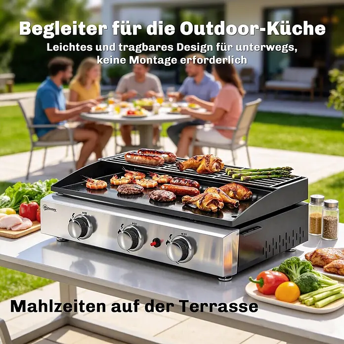 Outsunny Gasgrill - Anzahl Brenner: 3 Stk. - Tragbarer Gasgrill aus Edelstahl mit Kochplatte und Rost, bekocht Essen auf einer Terrasse, Personen im Hintergrund.