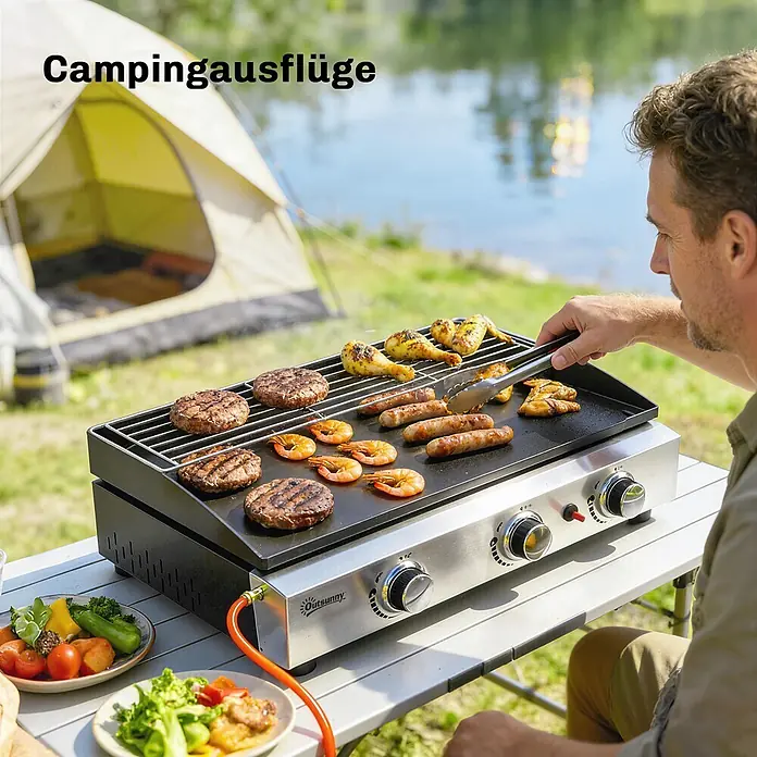 Outsunny Gasgrill - Anzahl Brenner: 3 Stk. - Tragbarer Gasgrill in Edelstahl und Schwarz, von einem Mann zum Grillen von Speisen auf einem Campingplatz am See verwendet.
