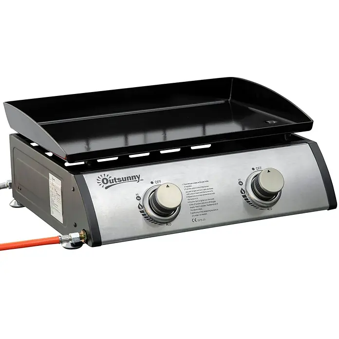 Outsunny Gasgrill - Anzahl Brenner: 2 Stk. - Gasgrillplatte mit zwei Brennern, schwarzer Kochfläche, silbernem und schwarzem Gehäuse und orangefarbenem Gasschlauch.