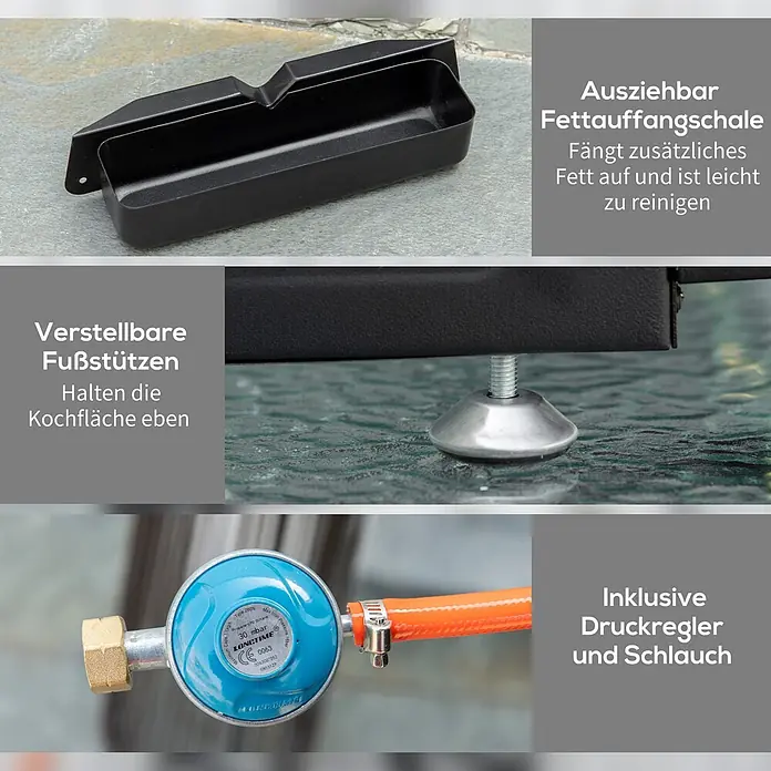 Outsunny Gasgrill - Anzahl Brenner: 2 Stk. - Schwarz ausziehbare Fettauffangschale, verstellbare Füße, blauer Gasdruckregler und oranger Schlauch.