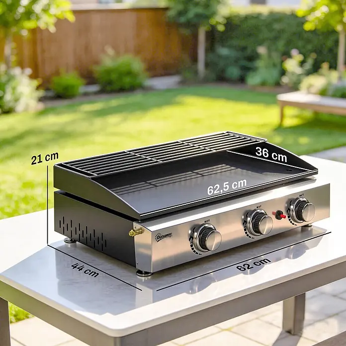 Outsunny Gasgrill - Anzahl Brenner: 3 Stk. - Schwarze und Edelstahl Gas-Plancha auf Gartentisch. Maße: 62x44x21 cm (BxTxH), Kochfläche 62,5x36 cm.