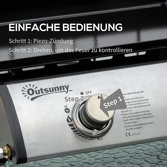 Outsunny Gasgrill - Anzahl Brenner: 2 Stk. - Bedienfeld eines Gasgrills aus Edelstahl mit Drehregler zur Zündung und Flammenkontrolle.