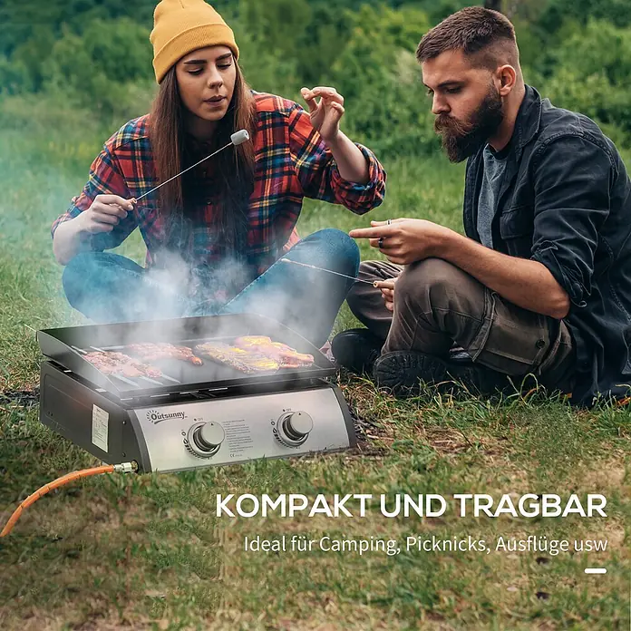 Outsunny Gasgrill - Anzahl Brenner: 2 Stk. - Kompakte, tragbare Outsunny Gasgrillplatte, silber-schwarz, kocht Essen im Freien für zwei Personen. Ideal für Camping.