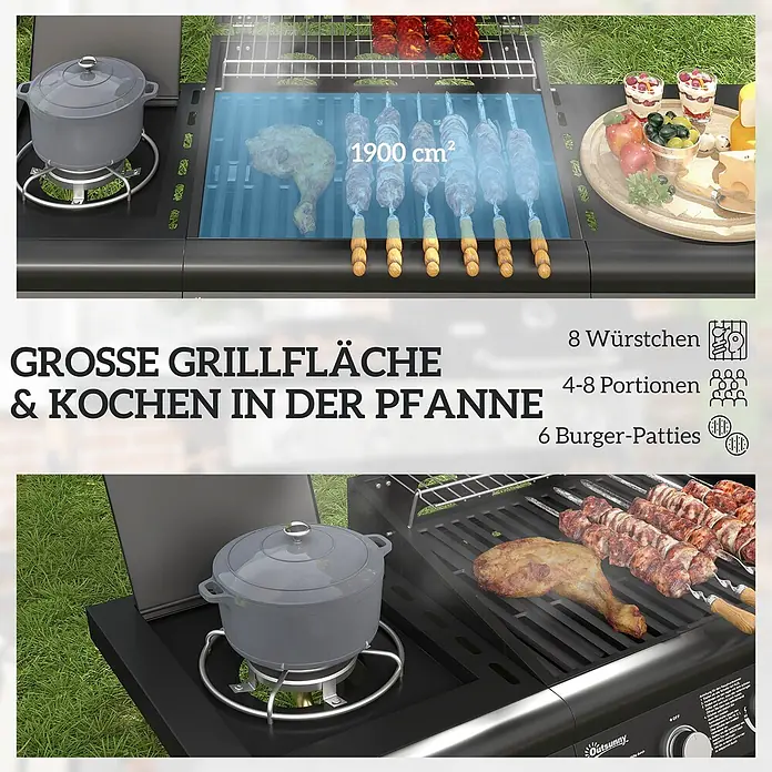 Outsunny Gasgrill - Anzahl Brenner: 3 Stk. - Schwarzer Gasgrill mit Seitenbrenner und großer Grillfläche, auf dem verschiedene Speisen zubereitet werden.