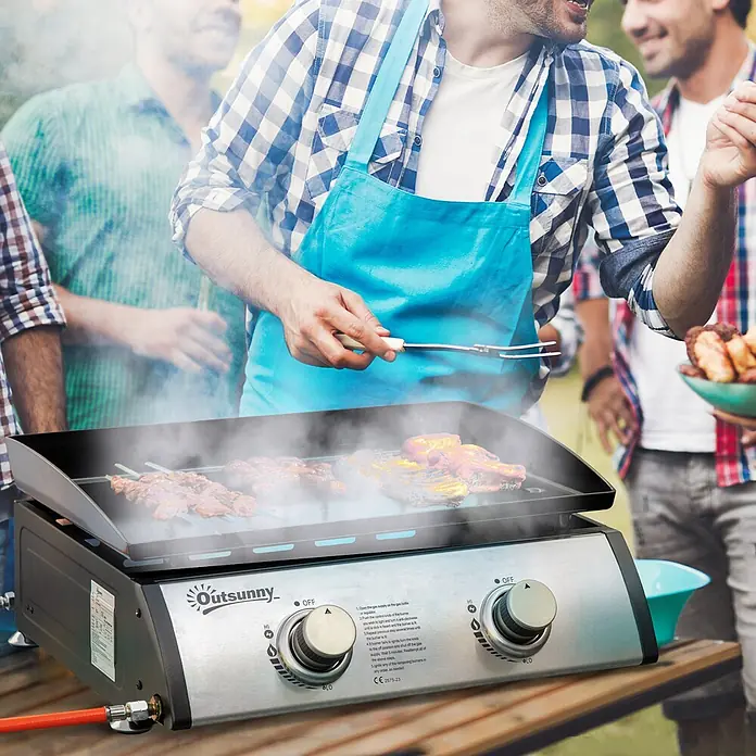 Outsunny Gasgrill - Anzahl Brenner: 2 Stk. - Outsunny 2-Flammen-Gasgrill aus Edelstahl und Schwarz, brät Fleisch bei Garten-BBQ.